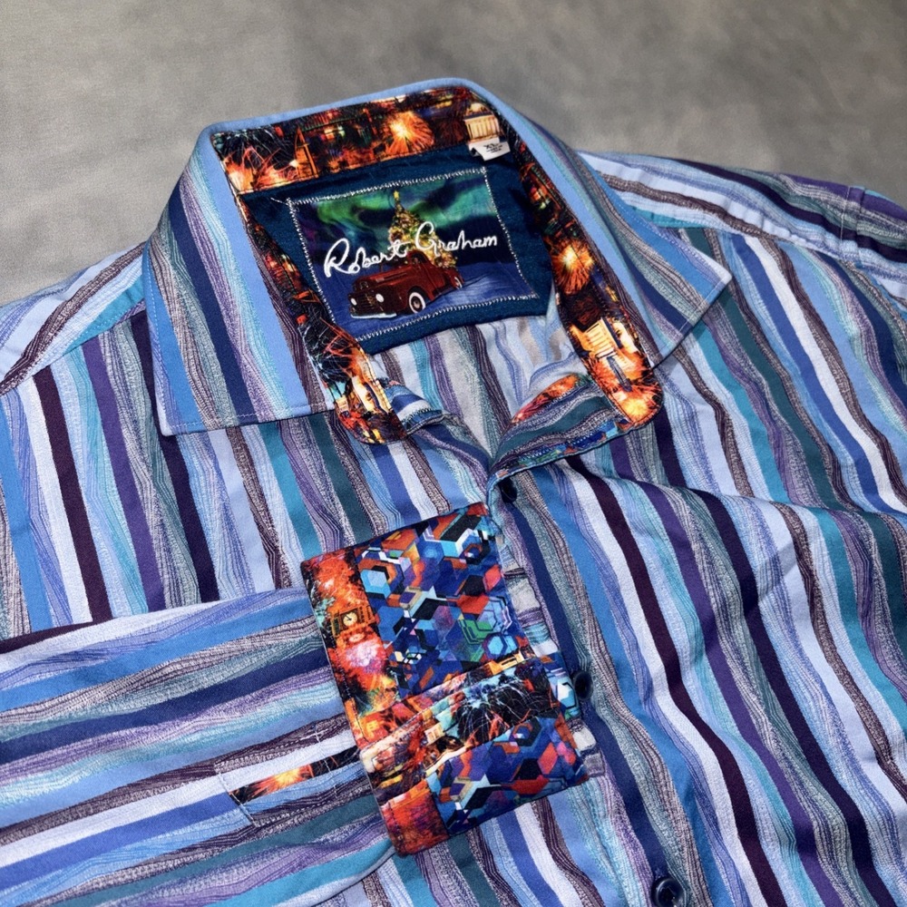 Robert Graham Shirt Men XL Jacquard Striped Colorful Classic Fit Flip Cuff LS